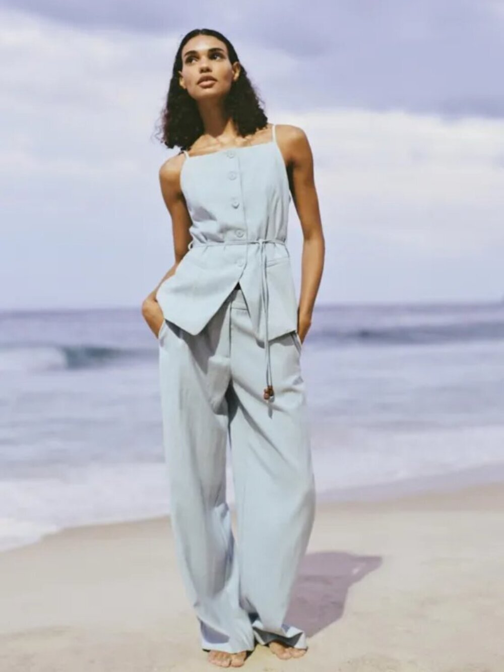 New Zara High-Waisted Straight Wide Leg Light Blue Trouser Pants XS NWOT